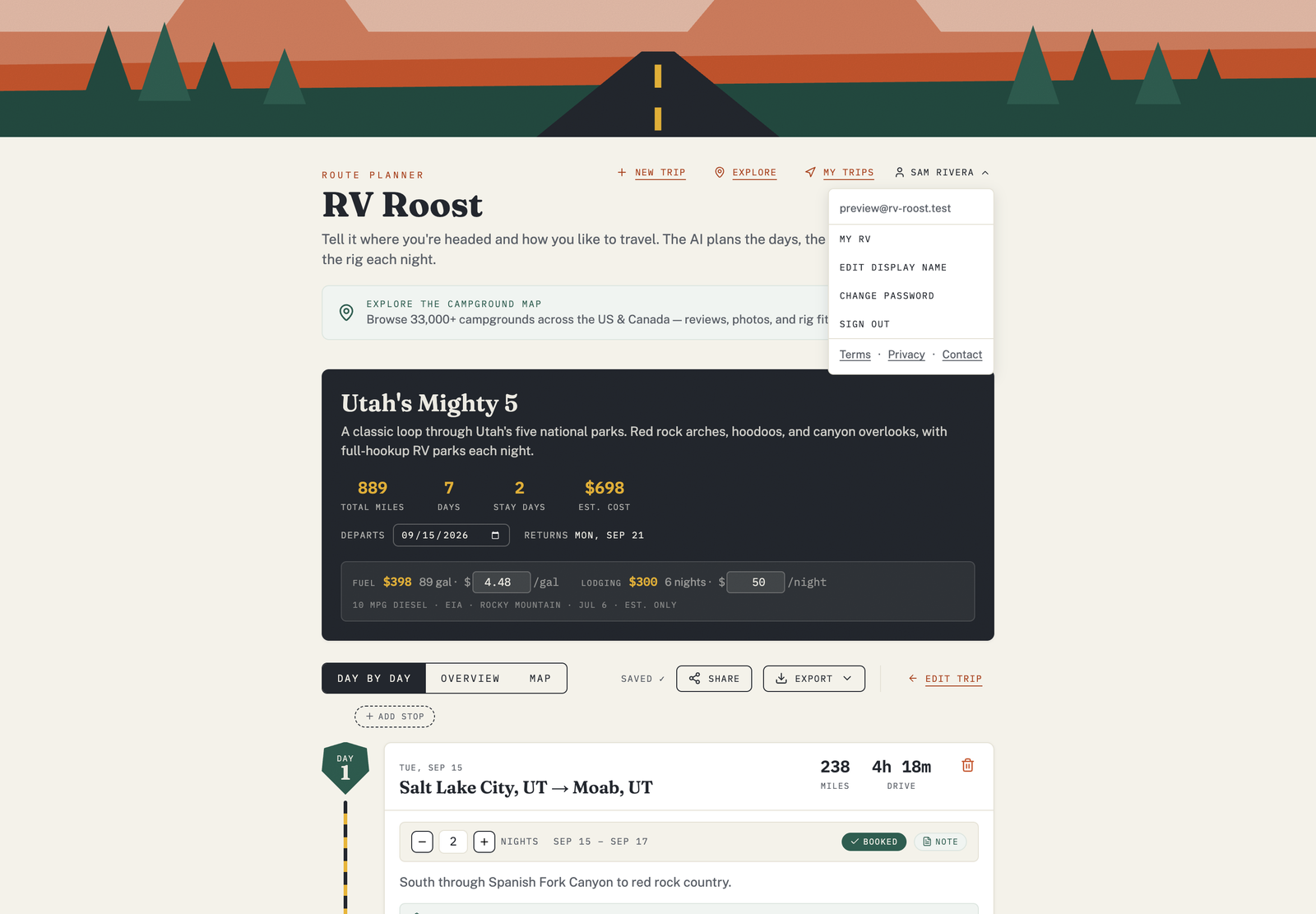 The account menu in VistaBound, with My RV, edit display name, change password, and sign out.