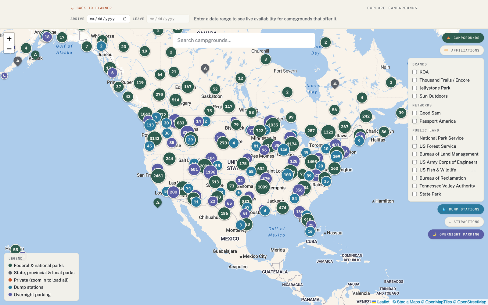 The VistaBound Explore map with the Dump stations and Overnight parking layers turned on.