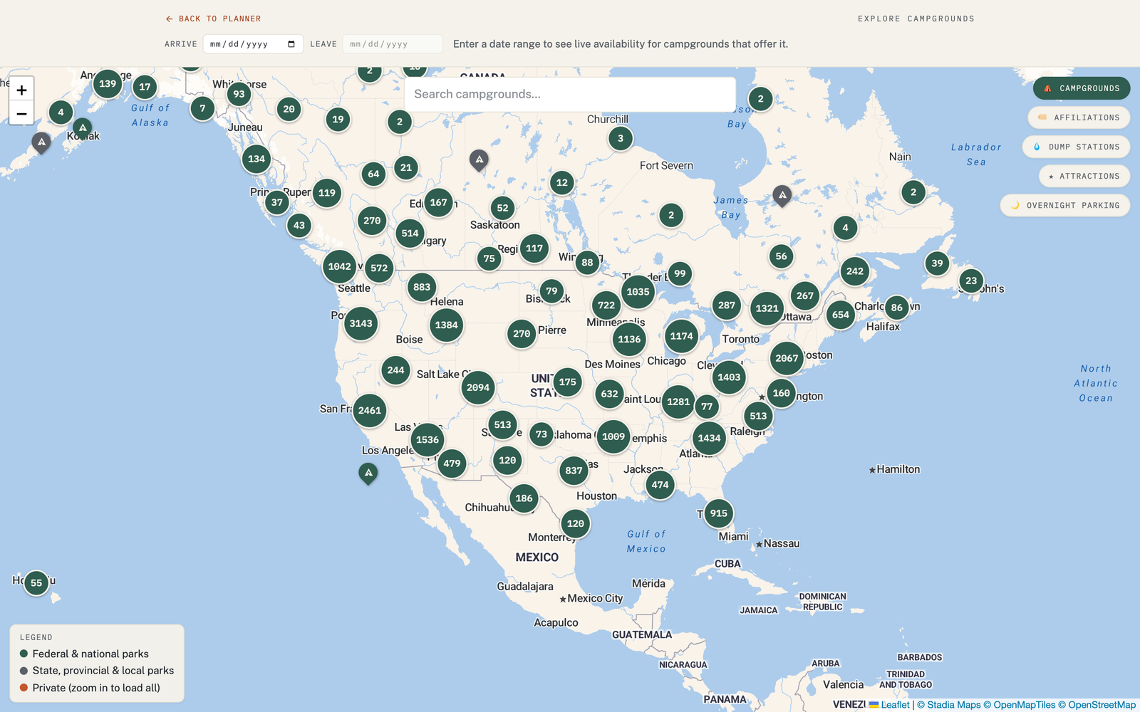 The VistaBound Explore map, showing campgrounds you can browse and filter by type and network.