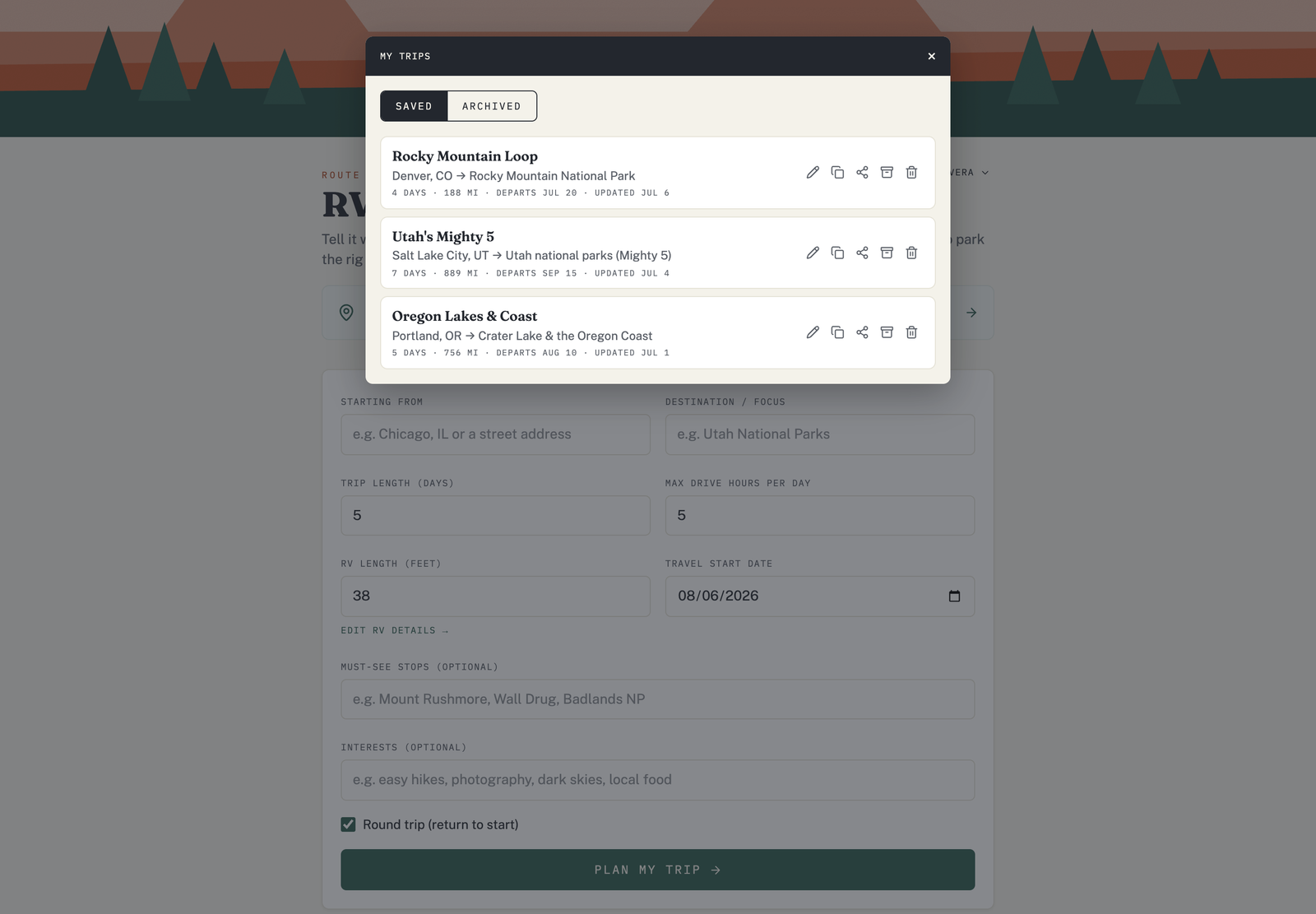 The My Trips list in VistaBound, showing saved trips you can open, rename, duplicate, or delete.
