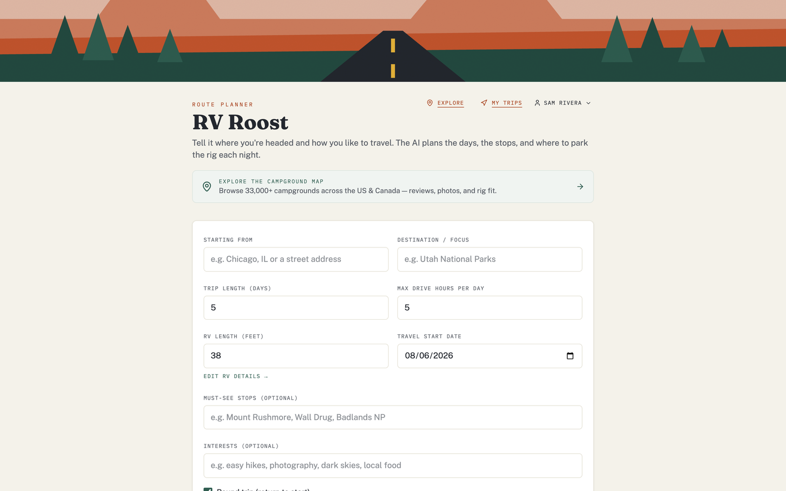 The VistaBound route planner, where most trip-planning steps begin and where common issues are resolved.