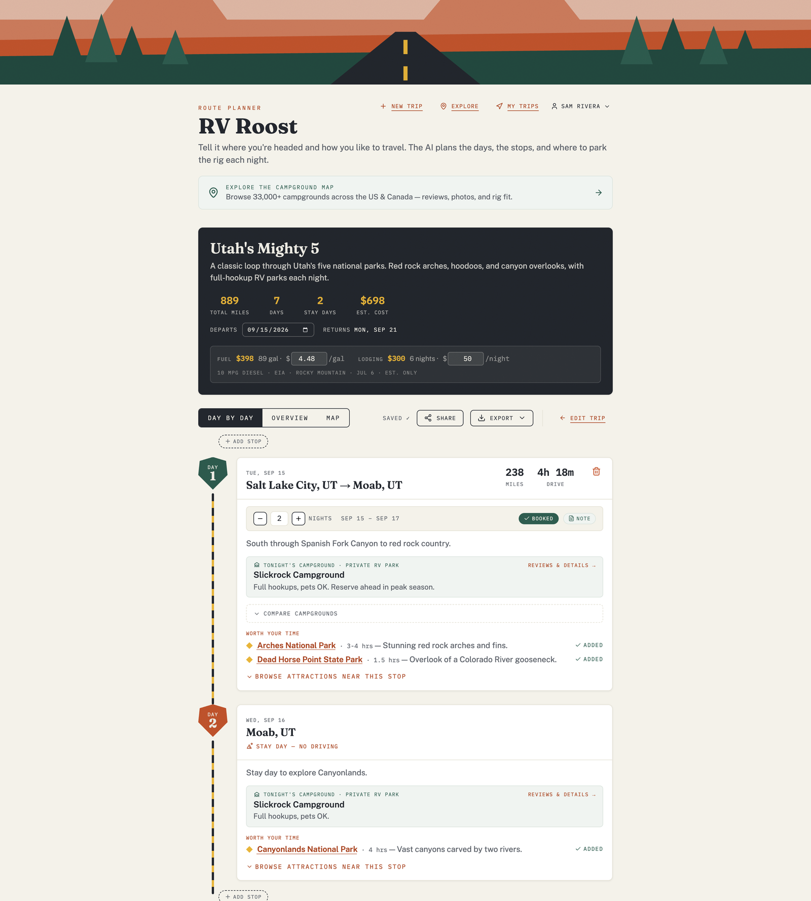 A generated day-by-day itinerary with routes, overnight campgrounds, drive times, and nearby stops for each day.