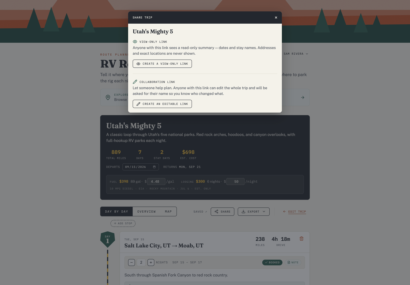 The Share trip dialog, where the collaboration link lets travel partners edit the trip with you.