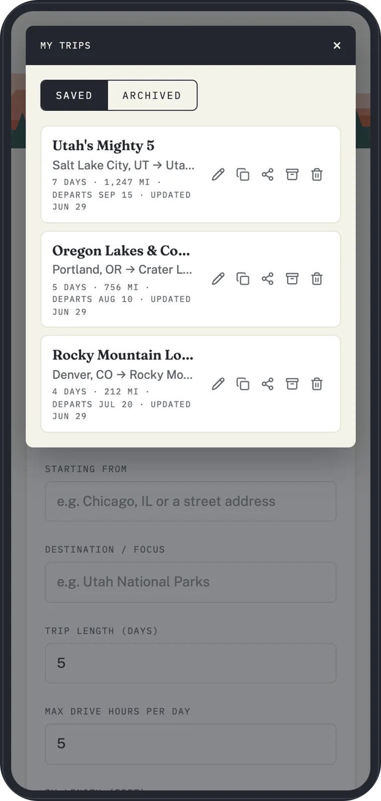 VistaBound saved trips list showing several road trips with day counts, mileage, and departure dates.