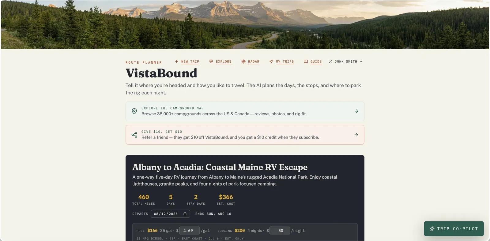 An animated VistaBound Trip Co-Pilot conversation on an Albany-to-Acadia trip: the user asks to make the trip two days shorter while keeping the highlights; the co-pilot proposes reviewable changes (removing the Bar Harbor stop and trimming Acadia National Park from 3 nights to 2) with Apply and Discard buttons.