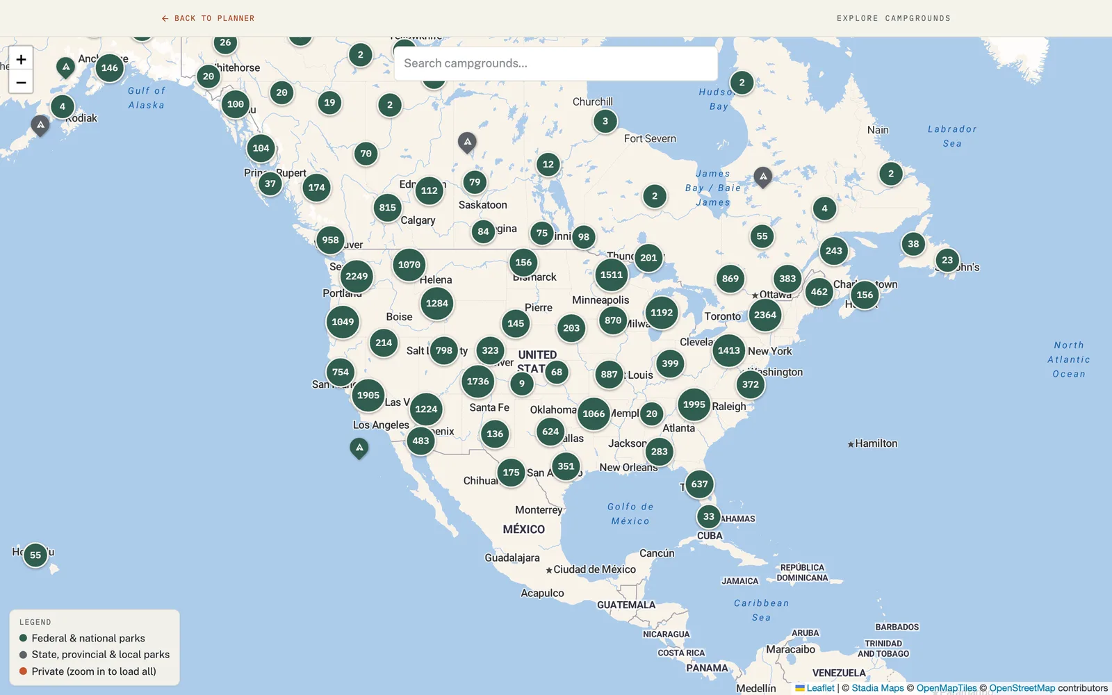 VistaBound campground map spanning the US and Canada with thousands of clustered campgrounds.