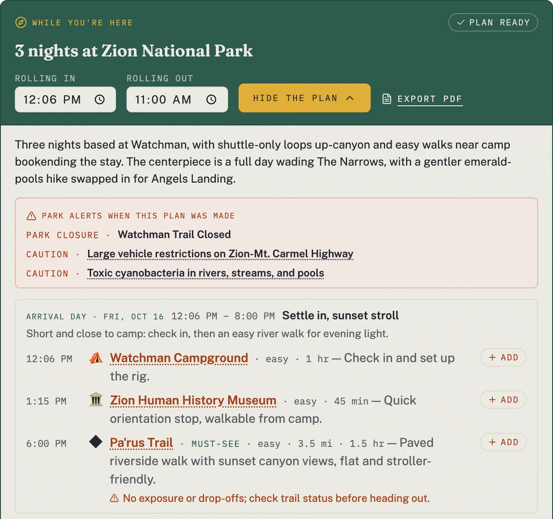 VistaBound While You're Here panel for 3 nights at Zion National Park: rolling-in and rolling-out times, an Export PDF button, a two-sentence summary of the stay, current National Park Service alerts including a trail closure, and the arrival day planned hour by hour — set up at Watchman Campground, the Zion Human History Museum, then a must-see sunset walk on the Pa'rus Trail.